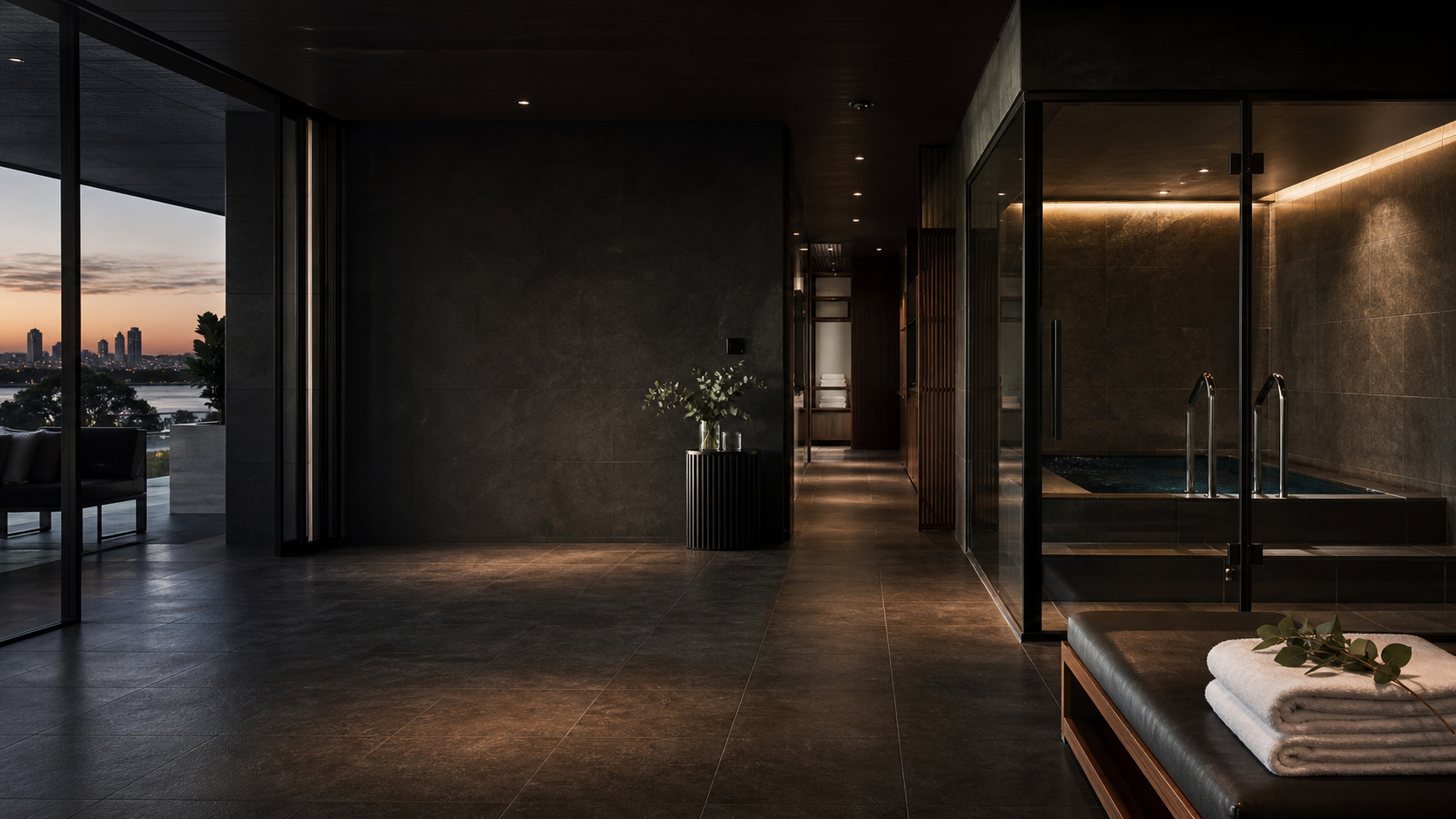 Private recovery room with a plunge pool and Gold Coast skyline